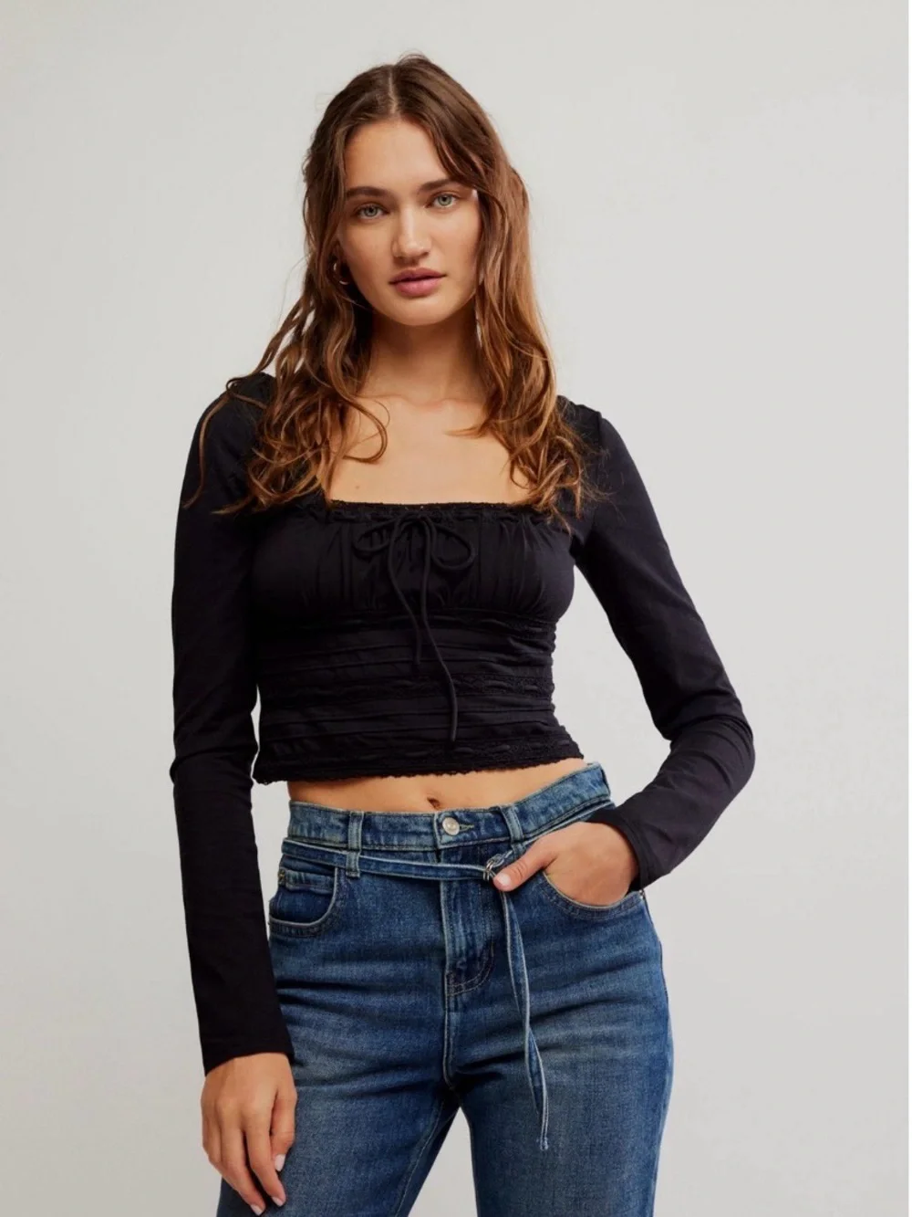 Free People Square Neck Scarlet Smocked Long Sleeve in Black Size Small NWT
